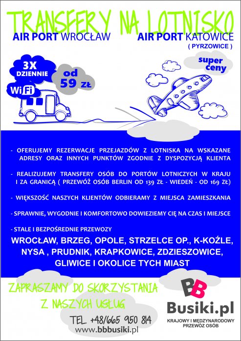 Transfery na/z Lotniska Wrocław, Katowice od 59 zl