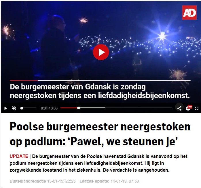 Artykuł na „Algemeen Dagblad” (AD.nl) – „Polski prezydent zadźgany na scenie: «Paweł, wspieramy cię»” 