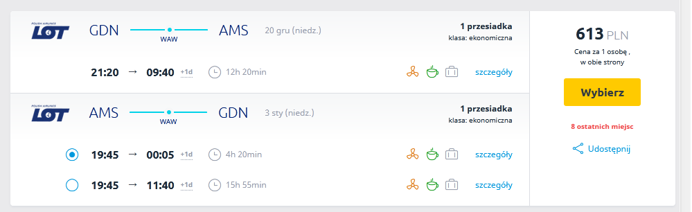  Proponowane ceny biletów Amsterdam – Gdańsk/Screenshot 