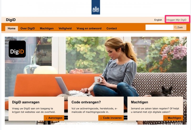 Krok pierwszy: na stronie digid.nl wybierz „Inloggen Mijn DigiD” w prawym górnym rogu