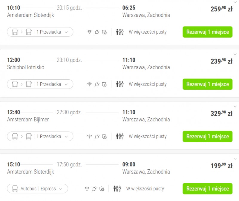 Proponowane ceny biletów Amsterdam – Warszawa/Screenshot
