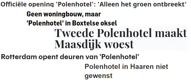 Kilka nagłówków z holenderskiej prasy, gdzie użyto określenia „Polenhotel”.