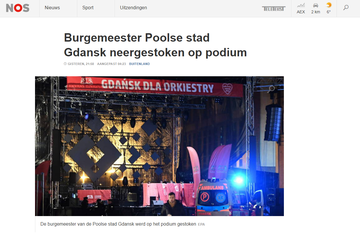 NOS.nl – „Burmistrz polskiego miasta Gdańska zadźgany na scenie”