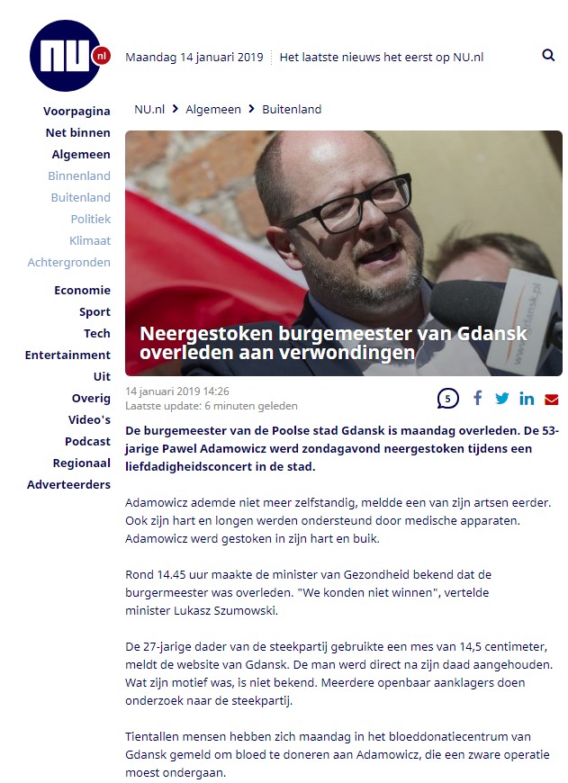 O śmierci prezydenta Adamowicza napisał holenderski portal NU.nl.