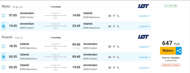 Proponowane ceny biletów Amsterdam – Gdańsk/Screenshot