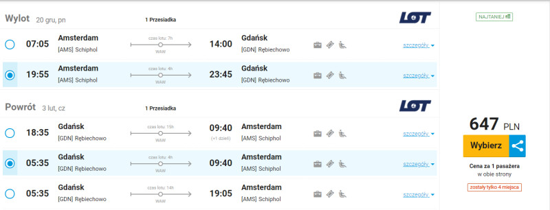 Proponowane ceny biletów Amsterdam – Gdańsk/Screenshot