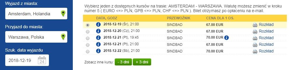 Proponowane ceny biletów Amsterdam – Warszawa/Screenshot