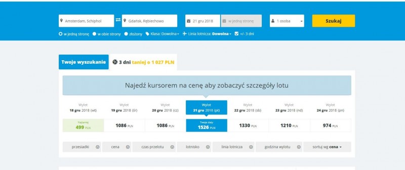 Proponowane ceny biletów Amsterdam – Gdańsk/Screenshot