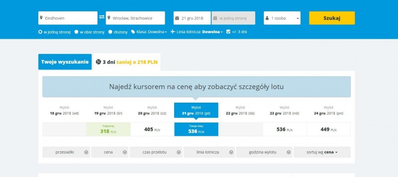 Proponowane ceny biletów Eindhoven – Wrocław/Screenshot