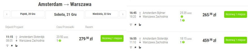 Proponowane ceny biletów Amsterdam – Warszawa/Screenshot