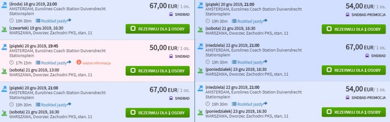 Proponowane ceny biletów Amsterdam – Warszawa/Screenshot